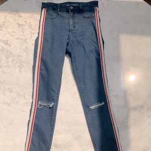 Zara Jeans, White and Red Stripe down sides